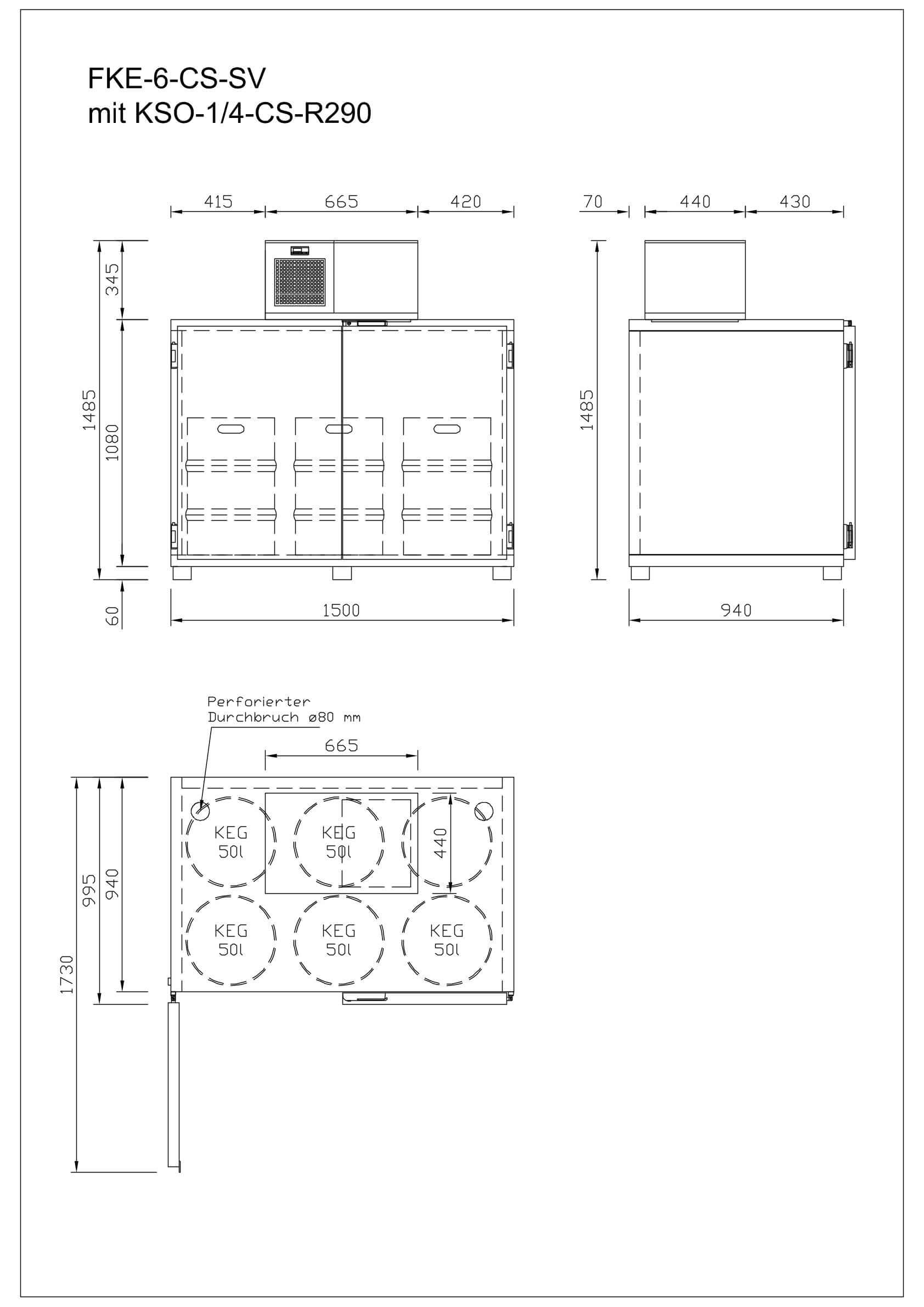 Fasskühler FKE-6-CS-SV technische Zeichnung mit Abmessungen für 6 Fässer und KSO-1/4-CS-R290.