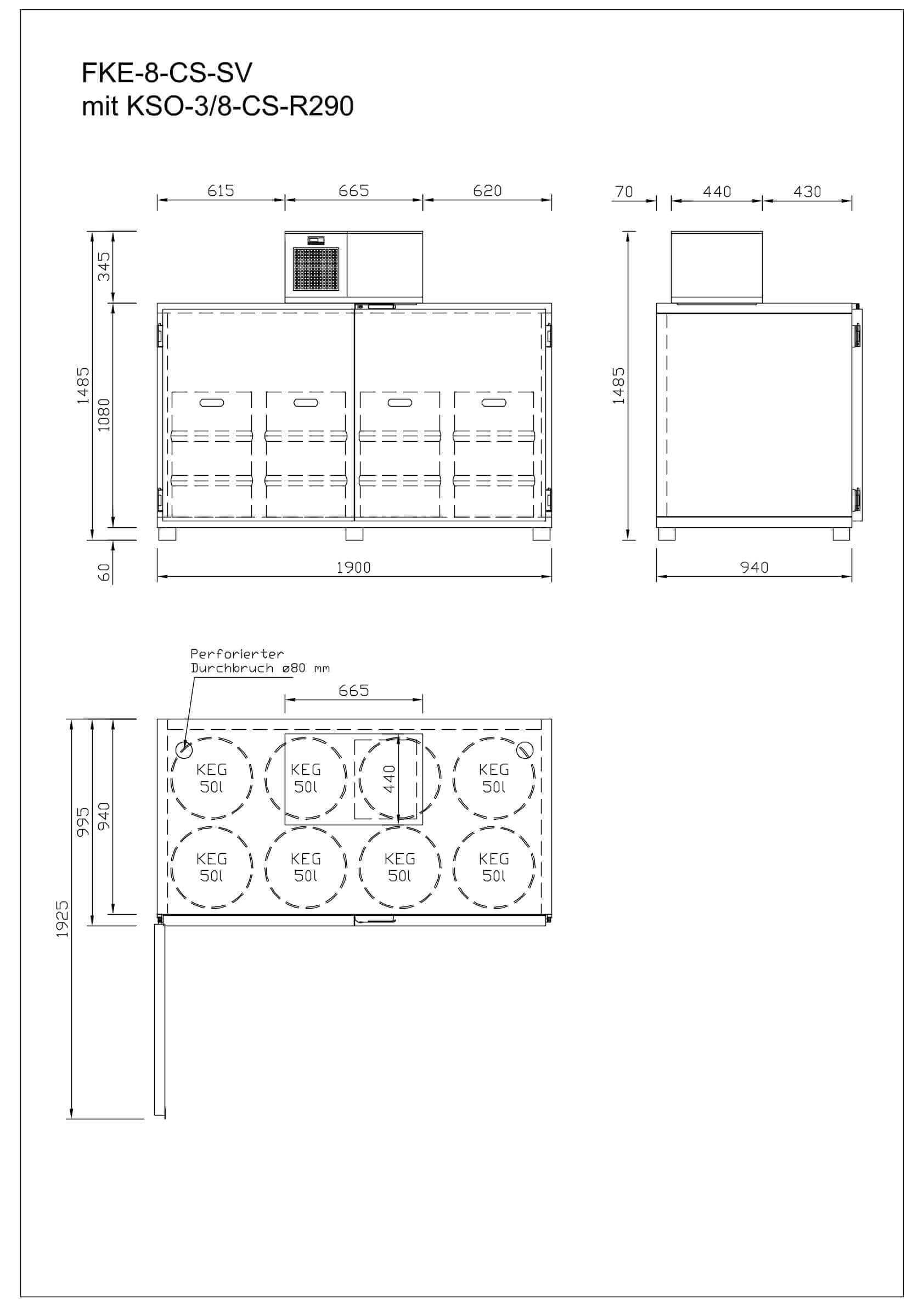 Technische Zeichnung des Fasskühlers FKE-8-CS-SV für 2-10 Fässer, inklusive Abmessungen und Details.