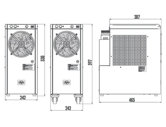 Lindr DryWet 70 H4 technische Zeichnung mit Abmessungen und Kühlerdetails