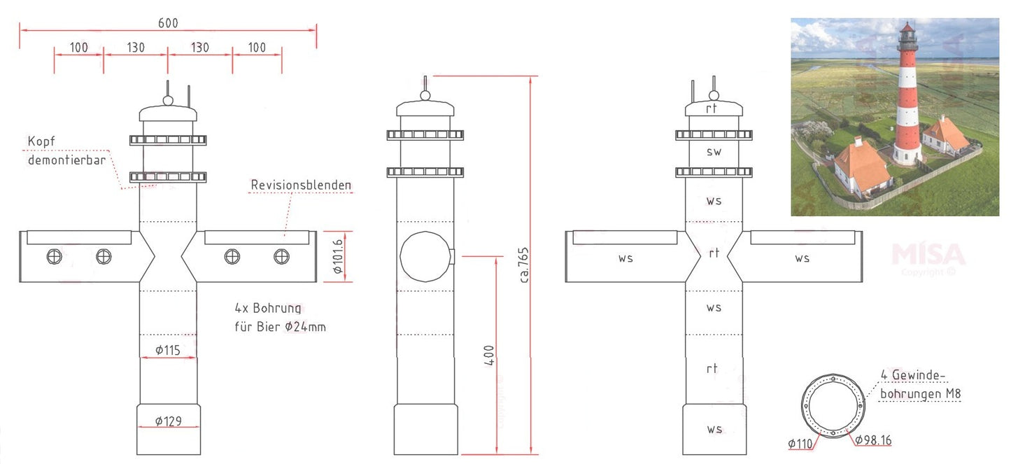 Technische Zeichnung der Schanksäule Leuchtturm im rot-weißen Design mit 2 oder 4 Zapfhähnen.