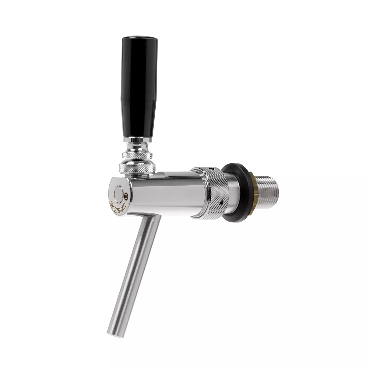 Raffeiner Eurostar Edelstahl Zapfhahn silber mit schwarzem Hebel und glattem Auslauf für perfekte Getränkezapfung.