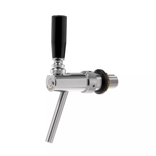 Raffeiner Eurostar Edelstahl Zapfhahn silber mit schwarzem Hebel und glattem Auslauf für perfekte Getränkezapfung.