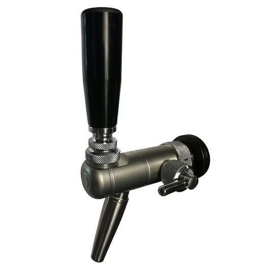 Raffeiner Junior - Stout Kompensatorbierhahn matt mit schwarzem Griff und Edelstahlkörper.