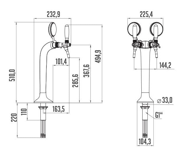 Technische Zeichnung der Schanksäule Giotto mit Maßen und Details zur Konstruktion.