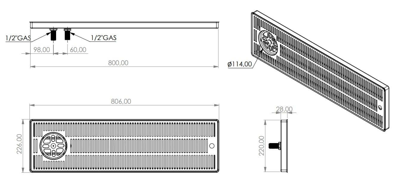 Structure de bac d'égouttage avec douche en verre et drain