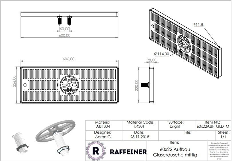 Edelstahl-Abtropfblech mit Gläserdusche & Ablauf – Aufbaumodell