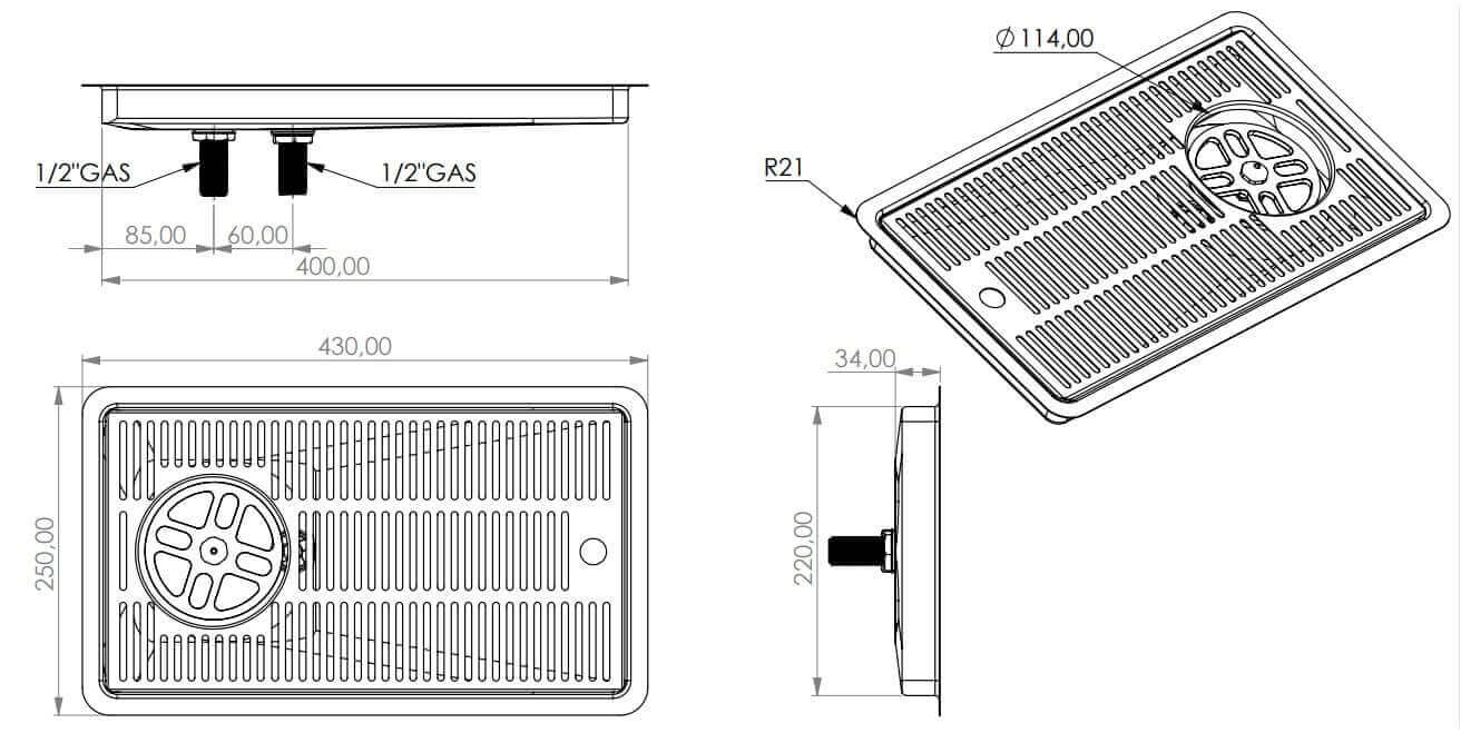 Drip tray installation with glass shower and drain